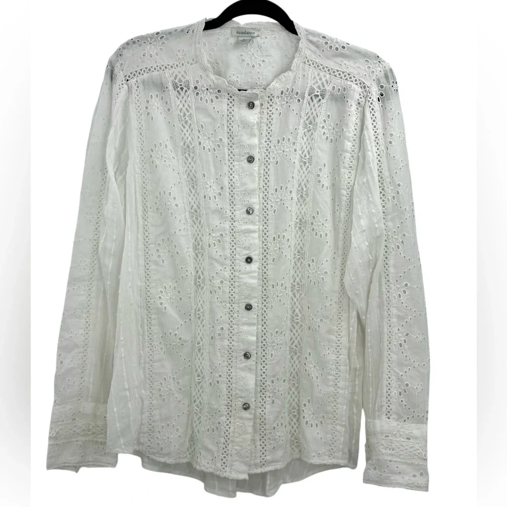 Sundance White Eyelet Lace XL Boho Victorian Cottagecore Cotton Button Front Top - Picture 2 of 14
